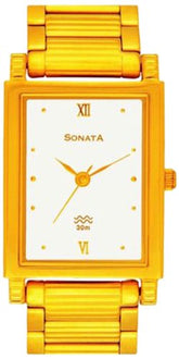 Sonata Men's Watch Analog White Dial With Gold Stainless Steel Band, 7058YM01